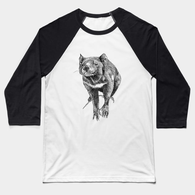 Tasmanian Tassie Devil scientific nature black ink pen drawing illustration Baseball T-Shirt by DamiansART